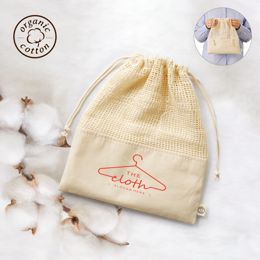 オリジナル　オーガニックコットンネット巾着(L)　ナチュラル