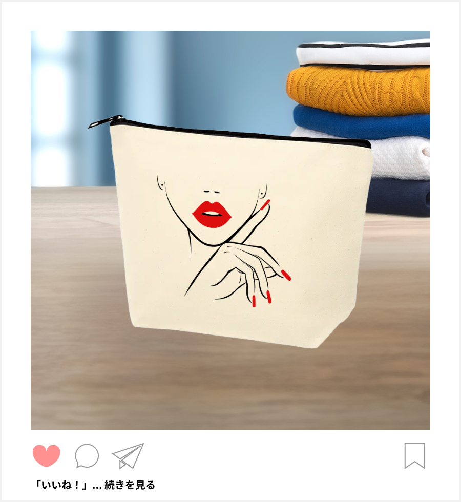 ポーチ商品画像(黒背景にポーチとアクションボタン付き)