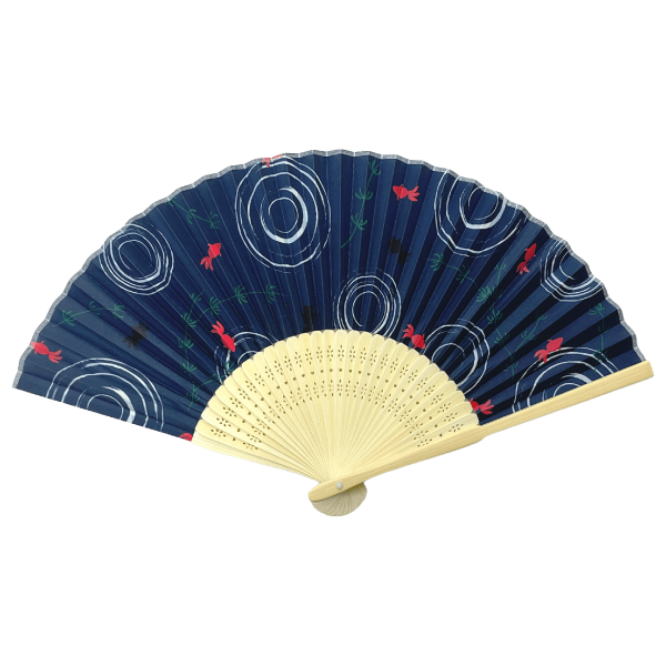 オリジナル　白竹扇子　紺地金魚
