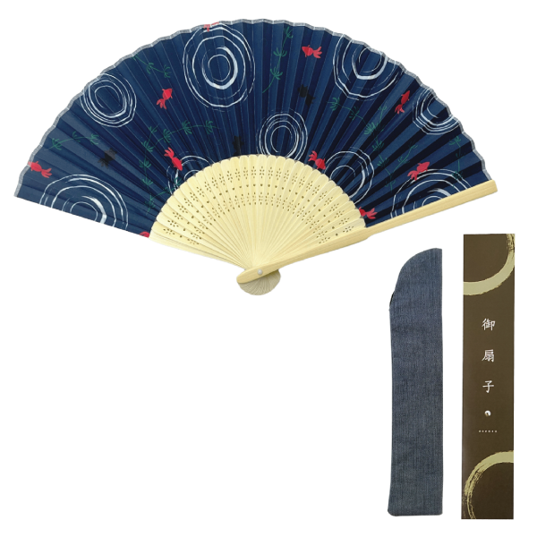 オリジナル　白竹紺地金魚扇子　　扇子袋セット　
